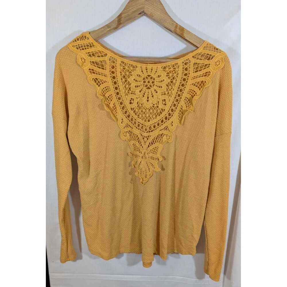 J. Ray Women's Thermal Top Crochet Lace Long Sleeve Waffle Knit Boho Size Medium